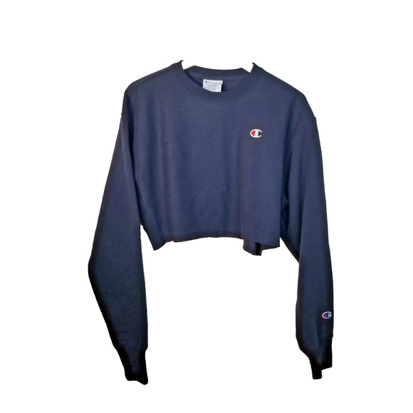 CHAMPION Reverse Weave Cropped Long Sleeve Sweatshirt Navy Blue Size S - Picture 2 of 7